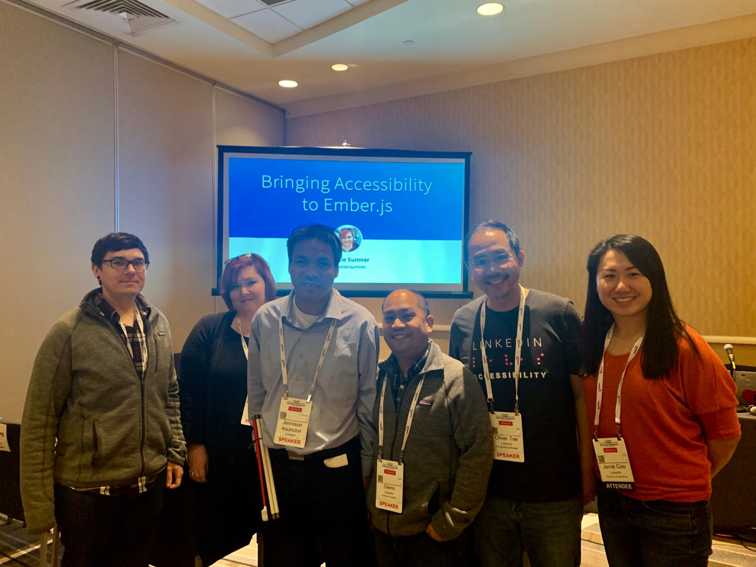 LinkedIn Accessibility Engineering team photo at CSUN 2019. Left to right: Andrew Lee, Melanie Sumner, Jennison Ascuncion, Glenn Cueto, Oliver Tse, Jenie Gao